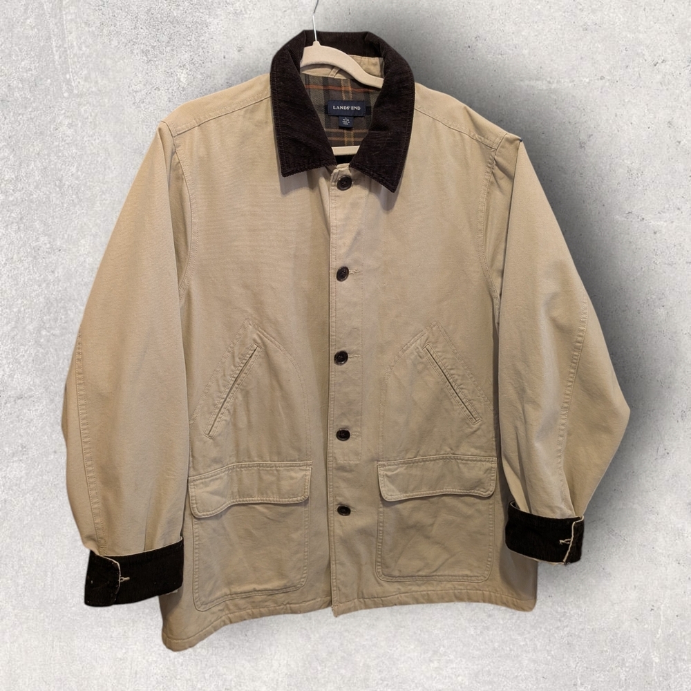 Lands' End Men's Beige Barn Jacket / Chore Coat with Dark Brown Trim. Large